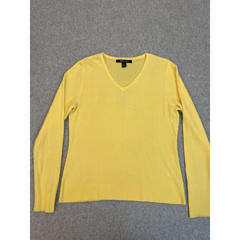 Butter Yellow Sweater Womens XL V Neck Beaded Knit Pullover Quiet Luxury